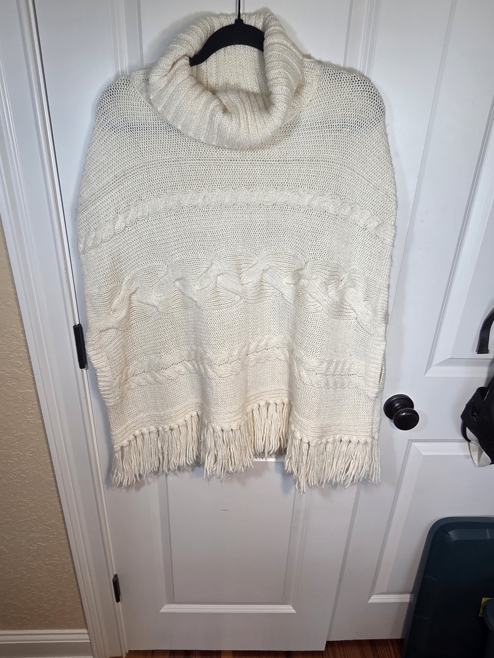 Chico's Cream Cable-Knit Turtleneck Poncho with Fringe
